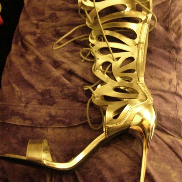 Silver vegan leather spike heel strappy caged gladiator lace up sandals 8 8 1/2 - Picture 1 of 4